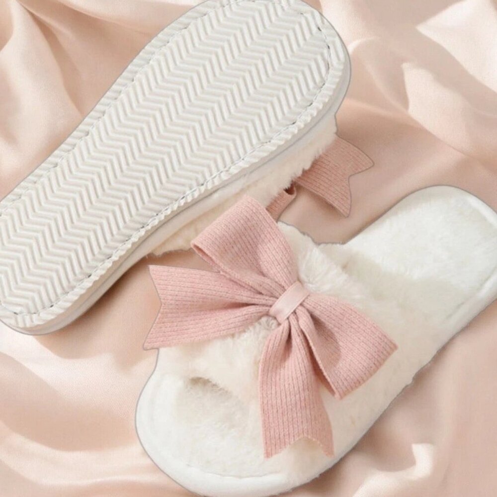 Fluffy White Faux Fur Open Toe Slippers w/ Pink Bow - Picture 2 of 2